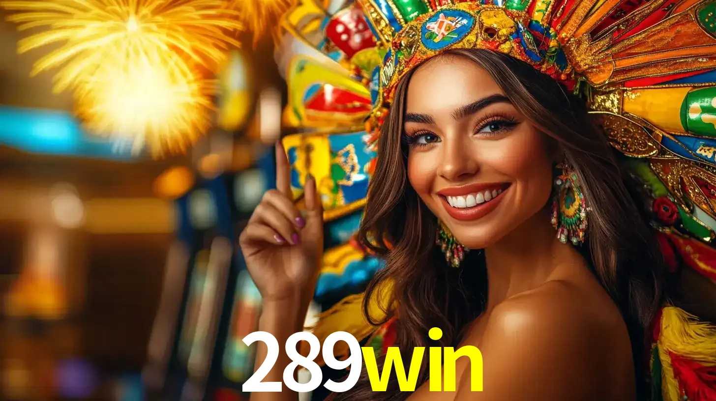 Mulher sorridente com um cocar de carnaval vibrante e colorido, celebrando uma grande vitória nos jogos do cassino 289win com fogos de artifício ao fundo.