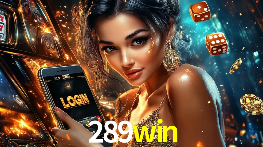 Mulher glamourosa segurando um celular com a tela de login do cassino 289win, rodeada por dados e moedas douradas, pronta para começar a diversão.