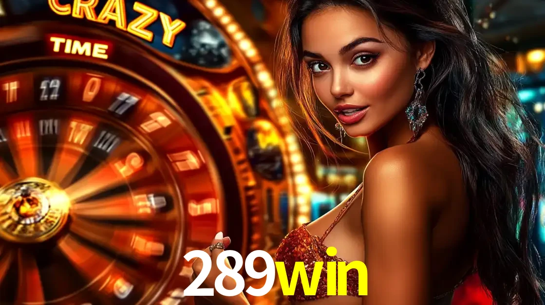 Mulher ao lado da roda de prêmios do jogo de cassino ao vivo Crazy Time, um dos shows de jogos mais emocionantes oferecidos pela plataforma de apostas 289win.