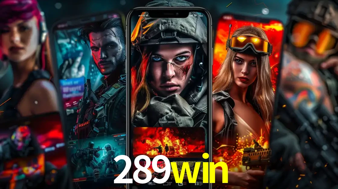 Montagem de telas de celular mostrando diversos personagens, masculinos e femininos, de um jogo de tiro, ilustrando a diversidade de equipes de e-sports para apostar no 289win.