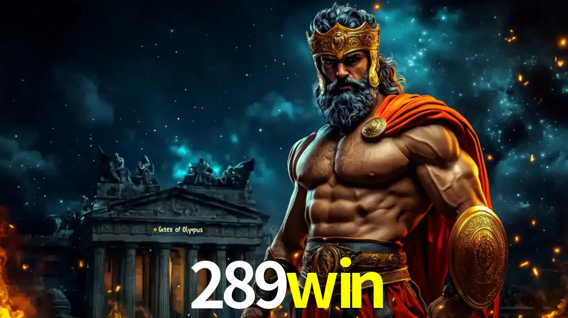 O poderoso Zeus do jogo de slot Gates of Olympus em frente ao seu templo, pronto para lançar multiplicadores divinos e prêmios épicos no cassino online 289win.