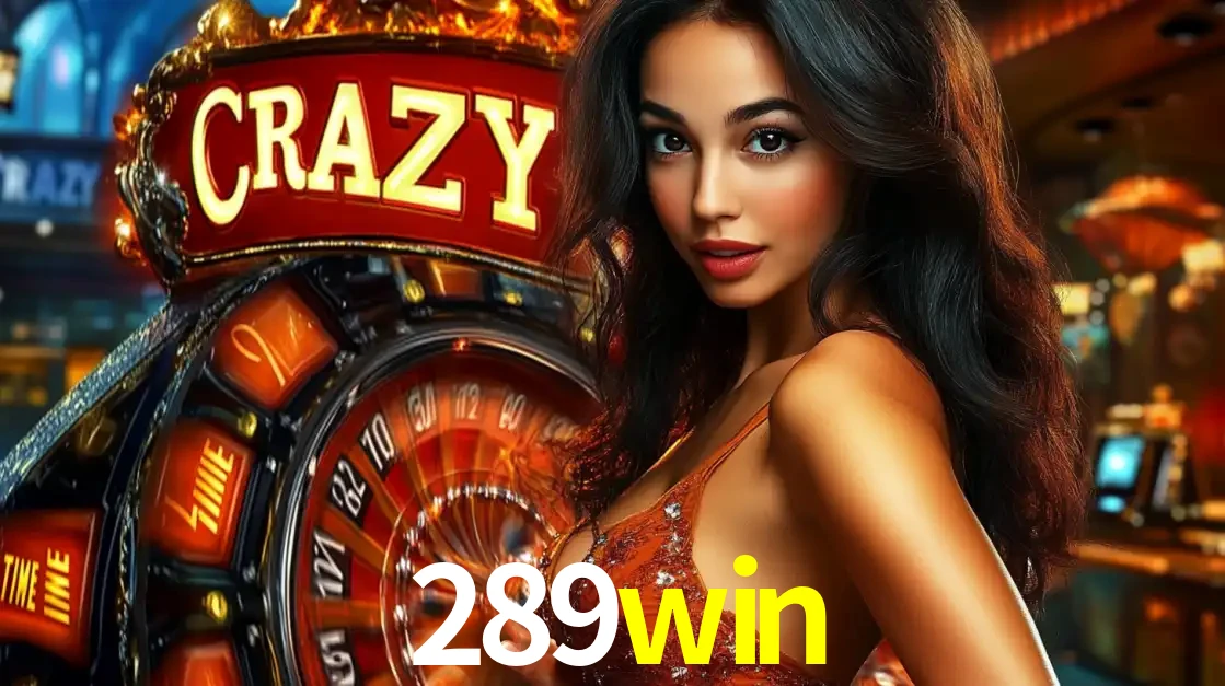 Mulher glamourosa olhando para a câmera com a roda vermelha do Crazy Time ao fundo em um ambiente de cassino, destacando a emoção dos jogos ao vivo no 289win.