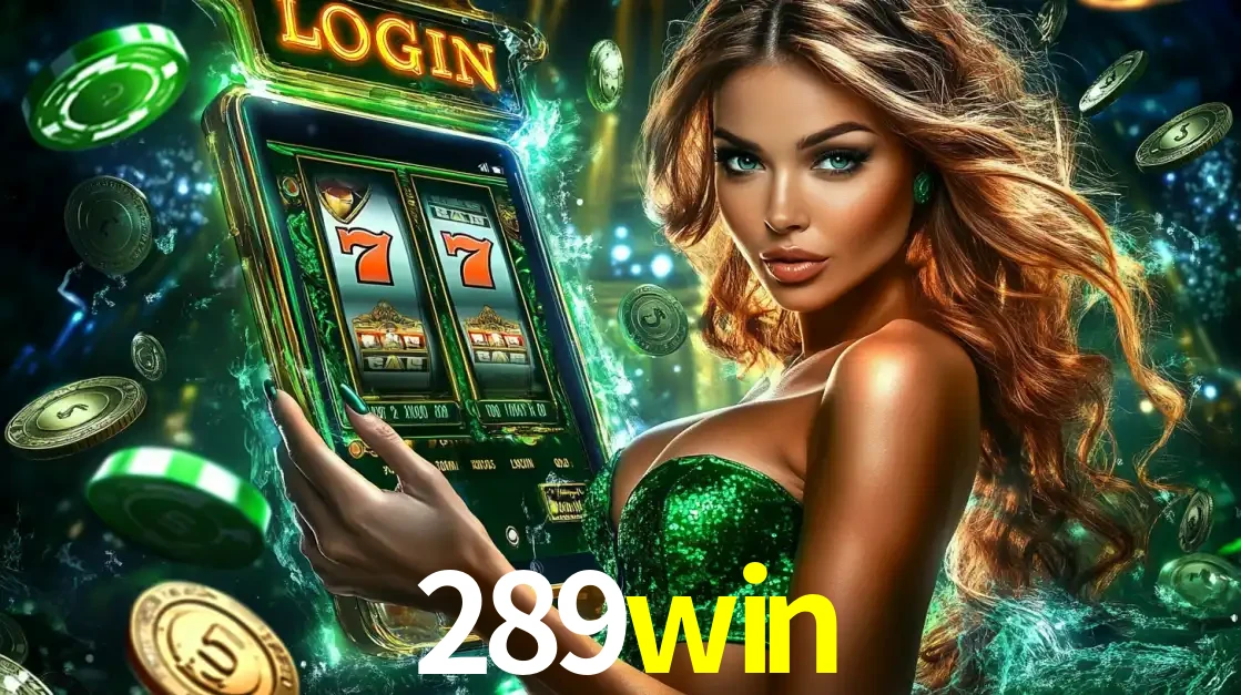 Mulher com tema verde apresentando o aplicativo do cassino 289win com um jogo de slot de 777, cercada por fichas de cassino e uma aura de sorte.