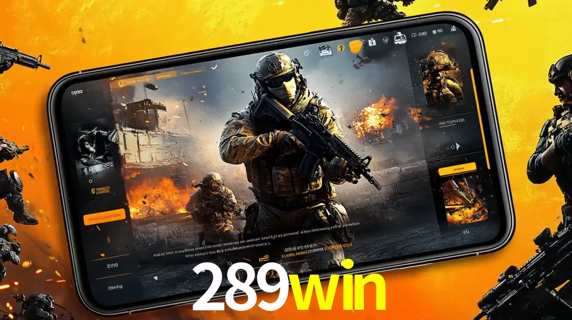 Um smartphone exibindo a interface de um jogo de tiro em primeira pessoa, com um soldado em um cenário de batalha, representando a ação dos e-sports para apostar no 289win.