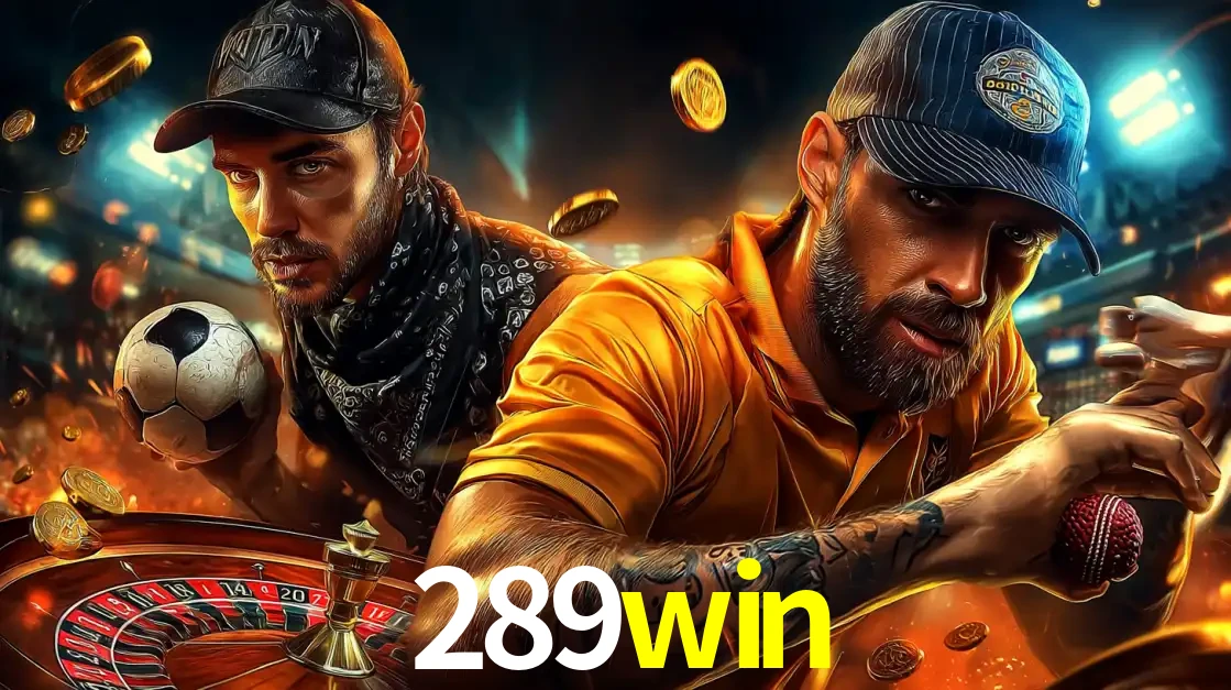 Montagem de apostas esportivas e cassino no 289win, com um homem segurando uma bola de futebol e outro uma de beisebol sobre uma roleta e moedas voadoras.