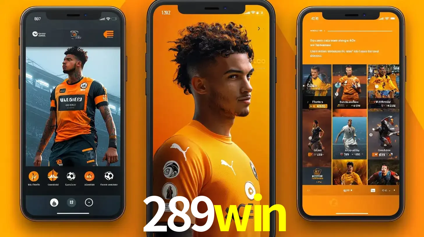 Interface do aplicativo de apostas esportivas 289win em três telas de celular, mostrando o perfil de um jogador de futebol e a lista de jogos disponíveis para apostar.