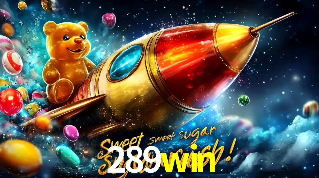 Arte promocional do jogo de slot Sugar Rush, com um urso de pelúcia em um foguete viajando pelo espaço de doces, um dos jogos divertidos disponíveis no cassino 289win.