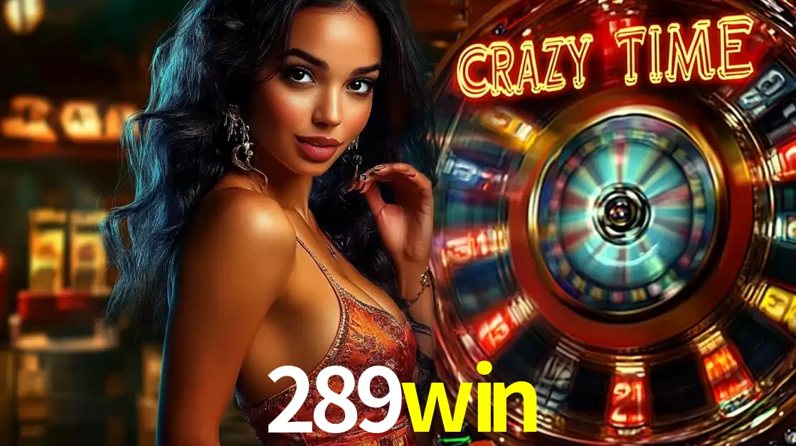Mulher elegante ao lado da vibrante roda da fortuna do jogo de cassino ao vivo Crazy Time, um dos game shows mais populares e cheios de prêmios do 289win.
