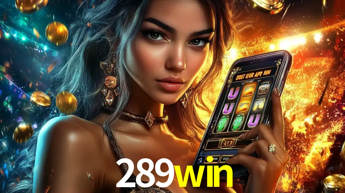 Mulher elegante mostrando um jogo de caça-níqueis em seu smartphone, destacando a experiência de cassino móvel oferecida pelo aplicativo 289win.