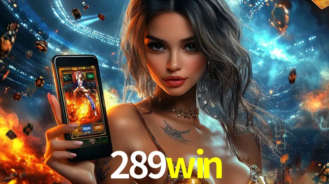 Mulher segurando um celular com um jogo de slot em destaque, tendo como fundo um estádio vibrante, simbolizando a emoção de jogar no cassino móvel 289win.