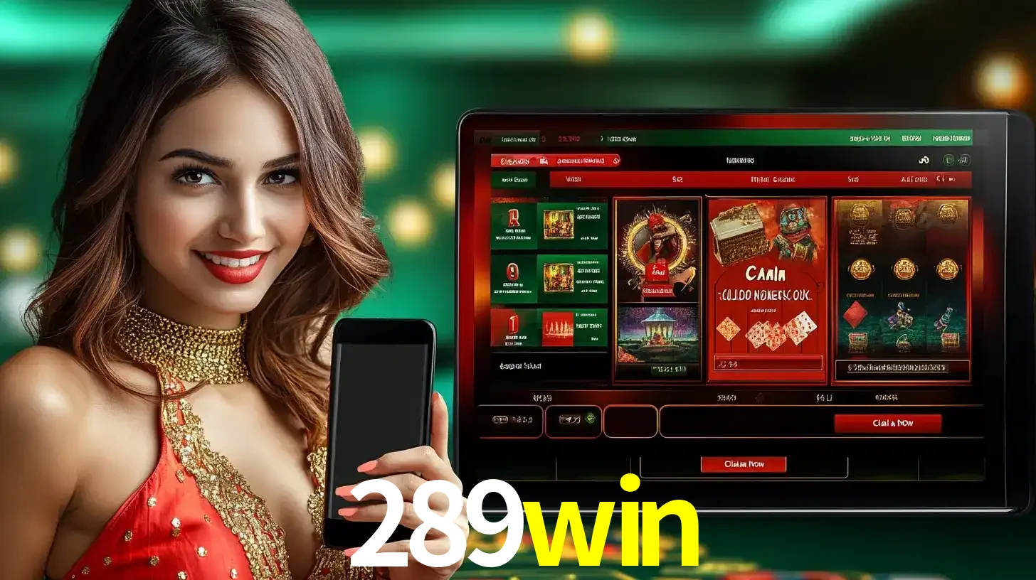 Mulher sorridente segurando um smartphone, ao lado de uma tela exibindo o lobby de jogos do cassino online 289win, com várias opções de jogos de cartas e slots.